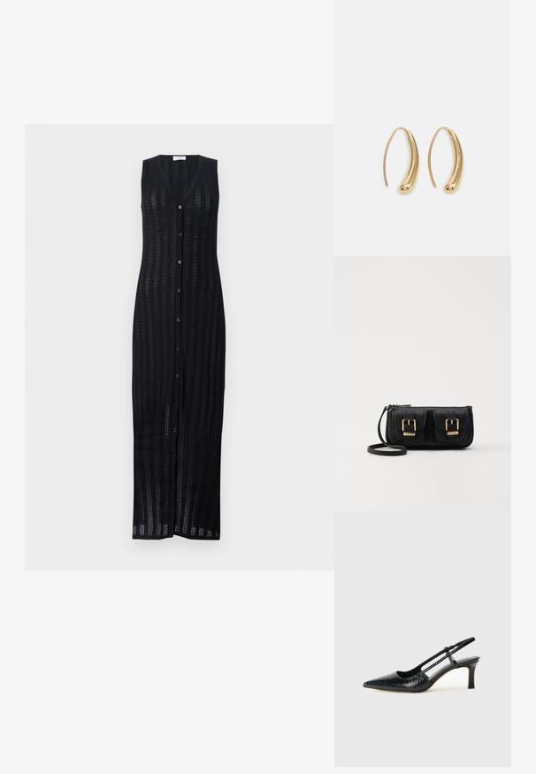 Černé, bezramínkové, dlouhé šaty s výstřihem do V a zapínáním na knoflíky. Vyrobené z texturovaného, otevřeného pleteného materiálu se rovnou siluetou.; Černé lakované slingback podpatky s špičatou špičkou, zdobené texturovaným hadím vzorem, nastavovacím páskem a krátkým texturovaným blokovým podpatkem.; Černá kožená crossbody taška se dvěma předními kapsami, zlatými přezkami, zipovým uzávěrem a štíhlým popruhem. Texturovaný povrch a kompaktní obdélníkový tvar.; Náušnice ve tvaru kruhu z pozlaceného kovu s vroubkovaným, prodlouženým tvarem. Mají hladký, lesklý povrch a zaoblený konec pro zvýraznění detailu.