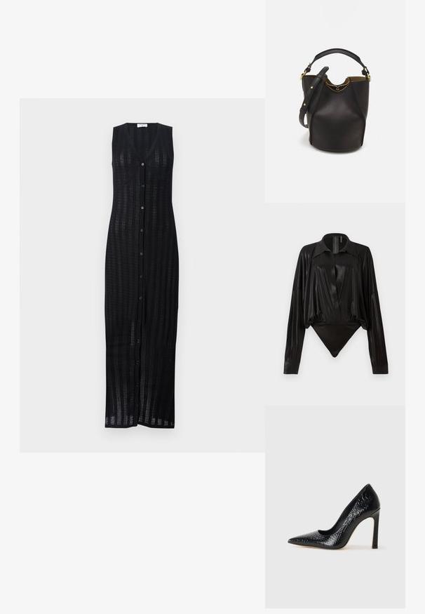 Abito lungo nero senza maniche con scollatura a V e chiusura a bottoni. Realizzato in un materiale a maglia aperta testurizzato con una silhouette dritta.; Body nero con maniche lunghe, scollo a V e silhouette aderente. Realizzato in tessuto lucido e liscio con colletto e polsini strutturati.; Scarpa nera con punta a punta alta in pelle di coccodrillo, caratterizzata da un design elegante, alto tacco a spillo e interno nero liscio.; Borsa a secchiello in pelle nera con finitura testurizzata, dettagli in metallo dorato e apertura superiore. Presenta una maniglia corta e una tracolla regolabile.
