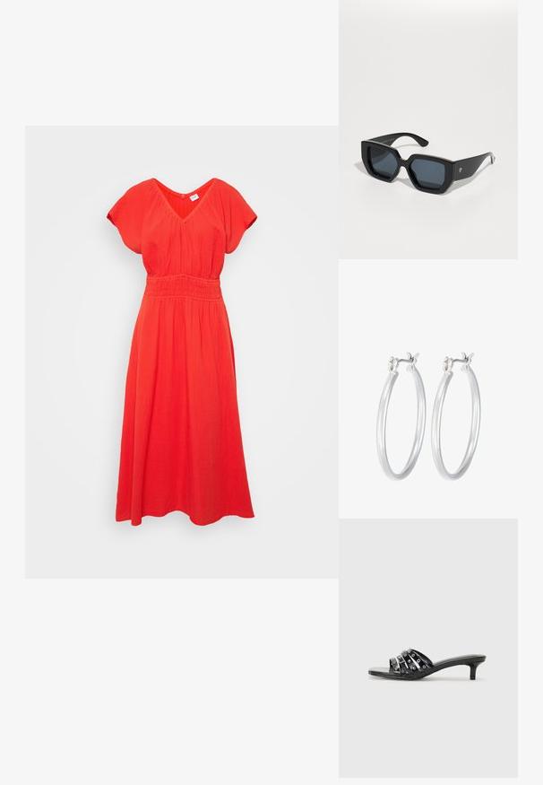 Punane, põlvekõrgune kleit kerge kangaga. Omab V-kaelust, lühikesi varrukaid, smockitud vöökohta ja lõdva siluetti.; Mustad musta värvi kontsaga sandaalid, millel on mitmed läikivad rihmad ja metallist aksessuaarid, samuti terav nina ja tagasihoidlikud kitin-kontsad. Sile tekstuur.; Mustad ümmargused prillid, millel on geomeetriline disain, ristküliku kuju läätsed ja läikiv viimistlus. Ees pole nähtavat brändingut.; Hõbedased rõngaskõrvarõngad, millel on sile, läikiv viimistlus. Ümmargune kuju ja turvaline klõpsulatus. Kerge disain, sobib igapäevaseks kandmiseks.