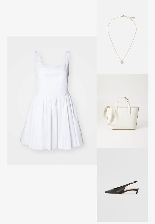 Valkoinen mekko, jossa on neliön muotoinen pääntie ja ohuet hihat. Puku on istuva ja johtaa liehuvaan hameeseen, jossa on sileä pinta ilman näkyviä kuvioita.; Musta nahkainen slingback-korkokenkä, jossa on terävä nenä, matala korko ja säädettävä nilkkarengas, jossa on kultasävyinen solki. Suora pinta.; Valkoinen tekonahkainen käsilaukku, jossa on lyhyet kahvat, säädettävä olkahihna ja kultaiset yksityiskohdat; edessä on hillitty logo.; Kulta kaulaketju, jossa on herkkä ketju ja pyöreä riipus, jota koristavat pienet, upotetut jalokivet, jotka parantavat sen säihkettä.