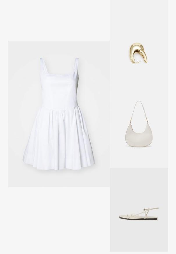 Vestido blanco con un escote cuadrado y tirantes finos. El corpiño es ajustado, lo que da paso a una falda acampanada con una textura suave y sin patrones visibles.; Sandalia plana beige con múltiples correas delgadas y hebilla ajustable. La suela es plana con un leve contraste oscuro en el borde.; Bolso de hombro de cuero crema con forma de media luna, correa delgada y sutil detalle de costuras. Diseño minimalista con acentos de hardware en tono dorado.; Pendiente de metal en tono dorado con un diseño elegante y curvado. Presenta una forma puntiaguda distintiva, superficie pulida y cierre de bisagra.