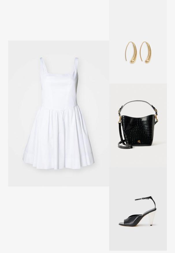 Weißes Kleid mit quadratischem Ausschnitt und dünnen Trägern. Das Oberteil ist figurbetont und führt zu einem schwingenden Rock mit glatter Textur und ohne sichtbare Muster.; Schwarze Leder-Hochzehen-Sandale mit offener Zehe, asymmetrischem Design, Knöchelriemen und metallic kegelförmigem Absatz. Glatte Textur über das gesamte Produkt.; Schwarze, krokodilgeprägte Lederhandtasche mit geschwungener Form, goldfarbenen Hardware-Akzenten, einem verstellbaren Riemen und einem Logodetail auf der Vorderseite.; Goldfarbene Metall-Hoops mit einer geschwungenen, länglichen Form. Sie verfügen über eine glatte, glänzende Oberfläche und eine abgerundete Spitze für zusätzliche Details.