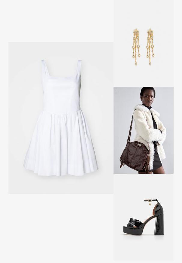 Weißes Kleid mit quadratischem Ausschnitt und dünnen Trägern. Das Oberteil ist figurbetont und führt zu einem schwingenden Rock mit glatter Textur und ohne sichtbare Muster.; Maje High Heel Sandalette - noir; Braune Lederhandtasche mit strukturierter Oberfläche, gefalteten Kanten und seitlichen Quasten; ausgestattet mit einem abnehmbaren Schultergurt mit metallischen Akzenten.; Goldtonige Ohrringe mit mehreren kaskadierenden Ketten, verziert mit klaren ovalen Strasssteinen und dekorativen Ohrsteckern.