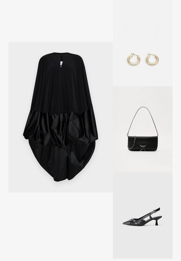 Fekete köpeny kerek nyakkivágással, ráncos anyaggal a tetején és sima selyem alsó résszel. A dizájn légies siluettet hoz létre.; Fekete bőr slingback cipő hegyes orral, dekoratív pántokkal, fém szemekkel és alacsony blokk sarkú. Texturált felület.; Fekete bőrtáska ezüstlánc pánttal, díszes szárnyakkal és fehér varrással az alsó varrat mentén.; Lauren Ralph Lauren BASIC SMALL HOOP - Fülbevalók - gold-coloured