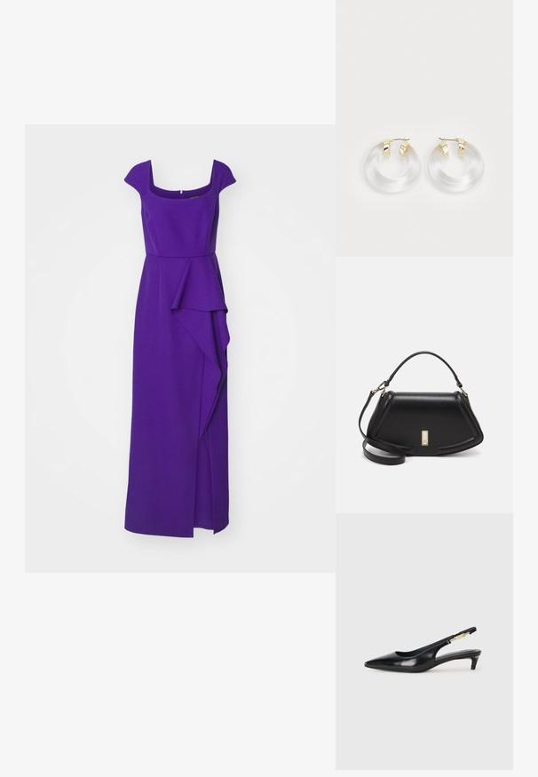 Langes lila Kleid mit kurzen Ärmeln, einem quadratischen Ausschnitt und einer drapierten Rüsche in der Taille, aus glattem Stoff.; Schwarze Leder-Slingback-Pumps mit spitzem Schuhblatt, ausgestattet mit einem schlanken Absatz und einem goldfarbigen Akzent am verstellbaren Riemen. Glatte Textur.; Schwarze Lederhandtasche mit einem strukturierten Design, das eine verkürzte Form, einen oberen Griff und goldfarbene Hardware-Details aufweist. Verstellbarer Schulterriemen ist enthalten.; Klares Acryl-Hoop-Ohrringe mit Metalldetails in Goldton und polierter Oberfläche. Verfügt über ein glattes, rundes Design.