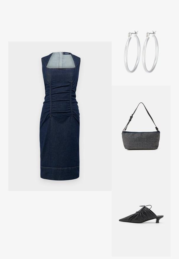 Sportmax AMPEX - Džinsa auduma kleita - blu notte; Melnas ādas slīdējošās muļas ar piltuves formu, sakopotu tekstūru un mazu kaķu papēdi. Iezīme ir aukliņas detaļa pie atvēruma.; Jūras kara flotes krāsas auduma rokassoma ar fakturētu sudraba kniedžu dizainu, ar vienu regulējamu melnu siksnu un taisnstūra formu.; Sudraba riņķveida auss gredzeni ar gludu, pulētu apdari. Apaļa forma un drošs klikšķa augšējais slēgums. Viegls dizains, kas piemērots ikdienas valkāšanai.