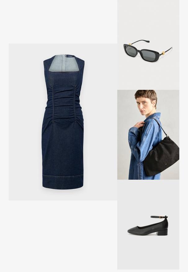 Sportmax AMPEX - Farmerruha - blu notte; Fekete bőr magassarkú cipő hegyes orral és alacsony tömb sarkal. Bokapánttal rendelkezik, aranyszínű csattal. Simább textúra.; Fekete, téglalap alakú napszemüveg szürke lencsékkel és arany oroszlánfej díszítéssel a szárakon. Simára polírozott műanyag keret, karcsú kivitel.; Fekete velúr kézitáska, puha, struktúrált formával, vékony bőr vállpánttal és diszkrét márkalogóval. A modellen farmere dzseki van.