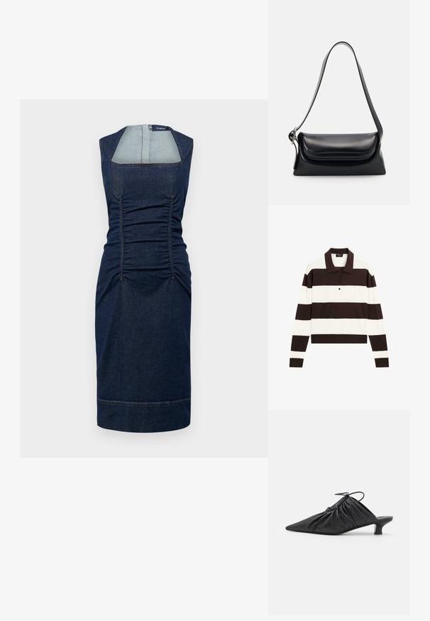 Sportmax AMPEX - Jeanskleid - blu notte; Langärmliges Polohemd mit abwechselnd dunkelschokoladenbraunen und weißen horizontalen Streifen, einem Kragen und einer geknöpften Leiste. Hergestellt aus weichem Stoff.; Schwarze Leder-Mules zum Hineinschlüpfen mit spitzer Zehe, geraffter Textur und kleinem Kitten-Heel. Verfügt über ein Zugbanddetail am Öffnung.; Schwarze Lederhandtasche mit strukturiertem Design, glatter Textur und einem einzelnen Schulterriemen. Verfügt über ein dezentes, abgerundetes Klappendesign.