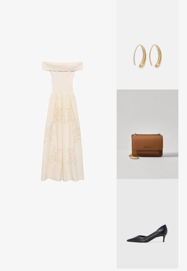 Sukienka w kolorze kremowym, odkrywająca ramiona, uszyta z lekkiego materiału, z dopasowaną górą i zwiewnym dołem ozdobionym haftowanymi wzorami florystycznymi.; Czarny skórzany czółenek z szpiczastym noskiem i niskim obcasem. Charakteryzuje się gładką fakturą i subtelnym połyskiem. Przód z wycięciem dla dodatkowego detalu.; Brązowa skórzana torba na ramię z teksturą, z złotym łańcuszkiem i zapięciem na klapkę. Z przodu znajduje się detal z logo oraz kieszeń pod klapką.; Złote metalowe kolczyki w kształcie obręczy o zakrzywionym, wydłużonym kształcie. Posiadają gładką, błyszczącą powierzchnię oraz zaokrąglony koniec dla dodatkowego efektu.
