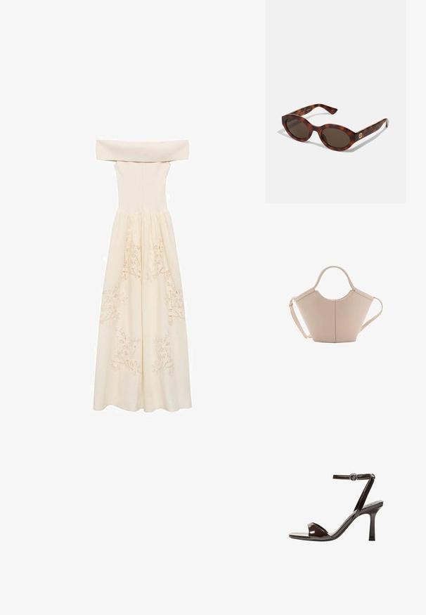 Rochie cremă, cu umerii goi, realizată dintr-un material ușor, cu un top ajustat și o fustă fluidă, decorată cu modele florale brodate.; Sandale cu toc înalt din piele lacuită maro, cu bretele la gleznă, vârf deschis și un design elegant, minimalist. Dispune de un toc pătrat.; Ochelari de soare din tortoiseshell cu rame rotunde, lentile întunecate și detalii cu logo auriu pe brațe. Material plastic neted, fără modele vizibile.; Geantă de mână bej din piele cu o formă unică, dotată cu două mânere scurte și o curea lungă ajustabilă. Textură netedă, cu hardware minim.