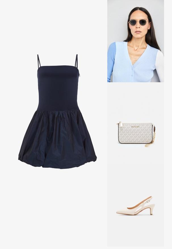 Tengerészkék, ujjatlan ruha, amelynek testhezálló felső része és könnyű anyagból készült, redőzött szoknyája van, finom fényével és textúrájának kontrasztjával.; Fehér slingback sarok, hegyes orral, sima felső anyaggal, alacsony blokk sarkával és oldalsó kivágott dizájnnal, állítható csatpánttal.; Kerek napszemüveg sötét lencsékkel és arany kerettel. A modellen világoskék, bordázott kardigán van gombokkal és kontrasztos fehér ujjaival.; Michael Kors bézs bevonatos vászon karkötő, amely ismétlődő MK logó mintával, aranyszínű fémrészletekkel és levehető lánchordóval rendelkezik.