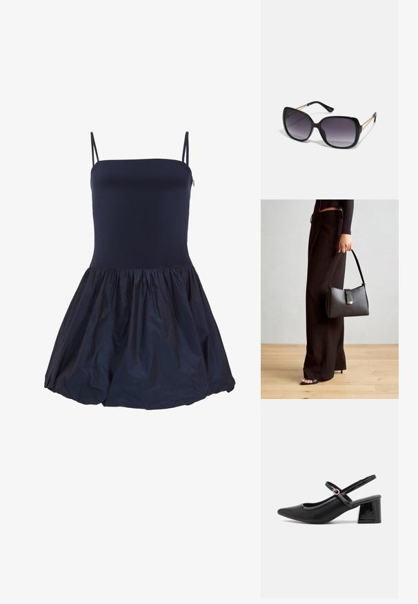 Vestido sem mangas azul-marinho com corpete ajustado e saia franzida, feito de material leve, apresentando um leve brilho e contraste de textura.; Sabrinas de cerâmica preta com salto bloco, bico apontado e um design com recortes arredondados. Apresenta um detalhe em fivela de tom dourado.; Óculos de sol oversized pretos com lentes degradê, armações grossas e detalhes em corrente dourada nas hastes.; Bolsa preta com forma estruturada, textura suave e um fecho metálico. Combinada com calças largas pretas e sandálias de salto aberto sobre um chão de madeira.