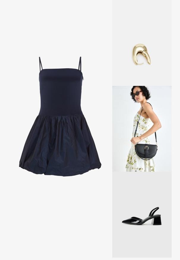 Rochie fără mâneci de culoare albastru marin, cu un corset ajustat și o fustă plisată, confecționată dintr-un material ușor, cu un luciu subtil și un contrast de textură.; Pantofi cu toc slingback din piele lacuită neagră, cu vârf ascuțit și toc geometric. Prezintă un design elegant, minimalist și o textură netedă.; Geantă din piele neagră, cu o formă curbată, curea detașabilă și accesorii aurii. Geanta are un capac cu un detaliu tip cataramă.; Cercei din metal de culoare aurie cu un design elegant și curbat. Prezintă o formă distinctivă, ascuțită, o suprafață lustruită și un sistem de închidere cu balama.