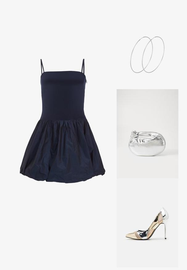 Tums zila bez piedurknēm kleita ar ciešu augšdaļu un sakrautu svārku, izgatavota no viegla materiāla, ar smalku spīdumu un tekstūras kontrastu.; Apspīlēta augstpapēžu kurpe ar zeltītu, sudrabi un neitrālu krāsu kombināciju. Spīguļojoša virsma ar izgriezuma dizainu, aprīkota ar stiletto papēdi.; Sudraba metāliska poga somiņa ar mīkstu, noapaļotu formu un mezgla augšējo aizdari. Izgatavota no gludas mākslīgās ādas materiāla.; Sudraba gredzenveida auskari ar minimālistisku dizainu. Cirkulāra forma, gluda tekstūra un plāns profils. Vieglu svaru ar spīdīgu apdari.