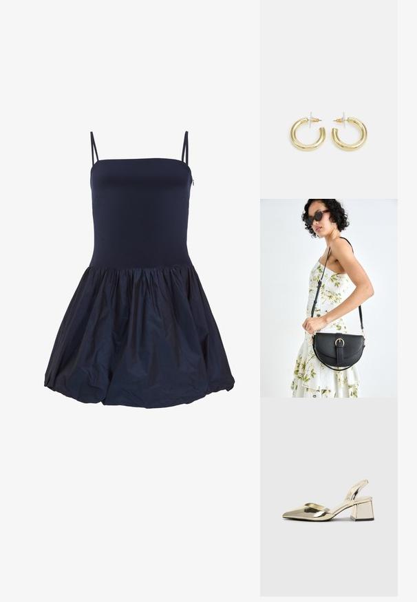 Robe sans manches bleu marine avec un corsage ajusté et une jupe froncée, fabriquée dans un matériau léger, présentant un léger éclat et un contraste de textures.; Talons aiguilles dorés métalliques avec un bout pointu et un talon épais. Texture lisse, design minimaliste et une fine bride.; Sac à main en cuir noir avec une forme courbée, bandoulière amovible et des accessoires en or. Le sac est doté d'un rabat avec un détail de boucle.; Boucles d'oreilles en or avec une finition lisse et brillante. Design circulaire présentant un petit clou et une attache transparente pour un port sécurisé.