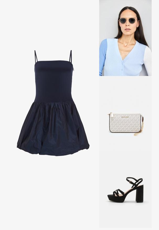 Tumedat sinise tooniga ilma varrukateta kleit, millel on sobiv pealisosa ja kogutud seelik kerge materjaliga, millel on õrn sära ja tekstuuri kontrast.; Mustadest sametist platvormsandaalid, millel on plokknina, ristuvad rihmad ja lukustatav pahkluu rihm turvaliseks sobivuseks.; Ringikujulised prillid tumedate läätsede ja kullast raamiga. Mudel on selga pannud helesinise soonikuga kardigani, millel on nupud ja kontrastsed valged varrukad.; Michael Korsi randmevõru beige kaetud kangast, millel on korduv MK logo muster, kuldne riistvara ja eemaldatav ahelistrap.