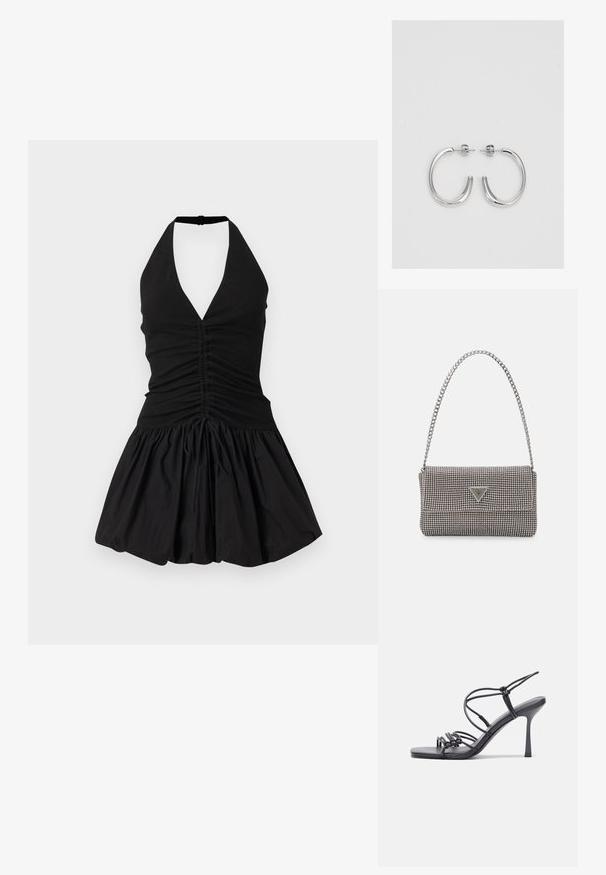 Melnā haltera kleita ar dziļu V veida kakla izgriezumu, saplacinātu krūšu daļu un paplatinātu svārku. Izgatavota no mīksta auduma ar gludu tekstūru un ar auklas detalizāciju.; Melnas augstpapēžu sandales ar plāniem siksniņām un mezgla dizainu, gluda kvadrātveida purngalu un elegantu stiletto papēdi.; Gaiši pelēka metāla rokassoma ar ķēdes siksnu, rotāta ar mazām apaļām metāla kniedēm un trīsstūra zīmola logo.; Sudraba riņķveida auskari ar gludu, spīdīgu apdari. Apaļas formas, viegla dizaina, ar aizdari uz stieples.