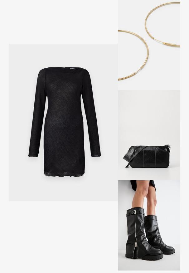 Černé dlouhé šaty s rukávy vyrobené z průsvitné texturované látky, s kulatým výstřihem a zakřiveným lemem. Obsahují diskrétní zip na zadní straně.; Černé kožené holínky do výšky kolen s širokou holení, s bočním zipem a akcentem na přezku, texturovaným povrchem a robustní gumovou podrážkou.; Černá kožená kabelka přes rameno se zapínáním na zip, s texturovaným tělem, bílým prošíváním a popruhem se stříbrnými očky.; Zlaté kruhové náušnice, tenké a kulaté, s hladkým kovovým povrchem a bez zdobení či vzorů.