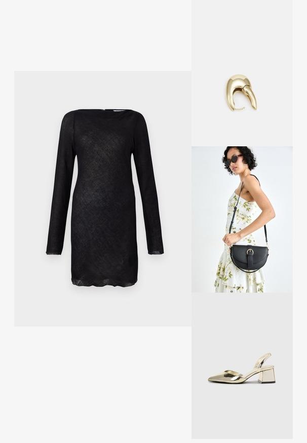 Fekete, hosszú ujjú ruha áttetsző, texturált anyagból, lekerekített dekoltázzsal és ívelt alsó széllel. Diszkrét hátsó cipzárral rendelkezik.; Arany, fémből készült slingback sarkú cipők hegyes orral és vastag sarokkal. Simaság, minimalista design és keskeny pánt jellemzi.; Fekete bőrtáska ívelt formával, levehető pánttal és arany színű fémrészekkel. A táskán egy csattal díszített fedél található.; Aranyszínű fém fülbevaló, elegáns, ívelt formával. Különleges hegyes alak, fényes felszín és zsanéros záródás jellemzi.