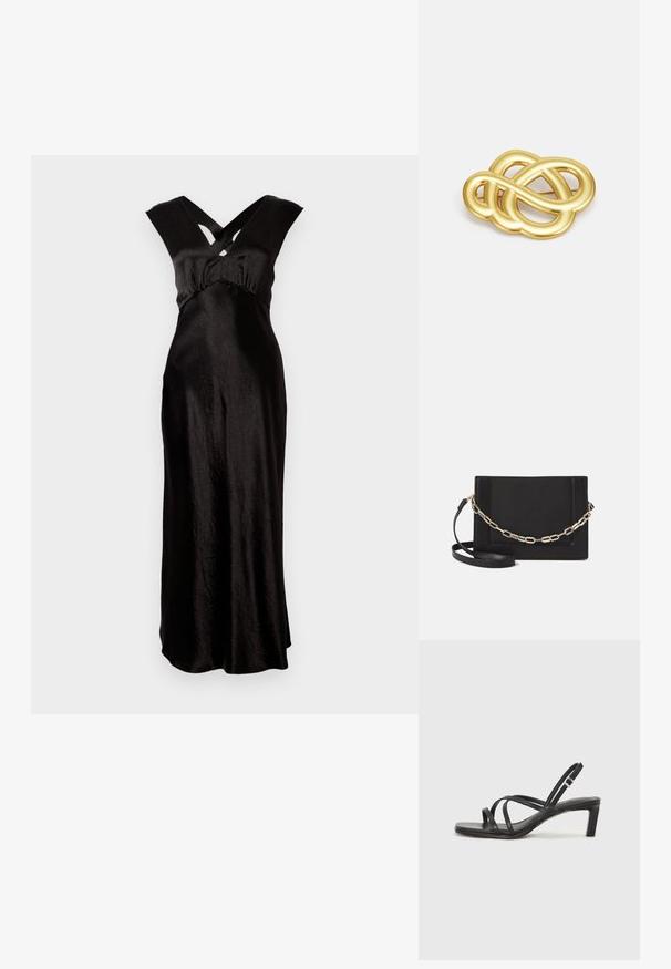 Čierne saténové šaty s dlhým strihom, s prekrižovaným výstrihom do V a širokými ramienkami. Hladká textúra a minimálne detaily.; Čierne sandále na vysokom podpätku so štvorcovou špičkou a nízkym blokovým podpätkom. Obsahujú viacero tenkých popruhov a nastaviteľný členkový popruh. Vyrobené z hladkej kože.; Čierna kožená crossbody taška s hladkou textúrou, obdĺžnikovým tvarom a kovovým reťazovým detailom na prednej strane. Súčasťou je nastaviteľný popruh.; Brošňa v zlatej farbe s uzlovým dizajnom, hladkými, zakrivenými líniami a zložitým tvarom, ktorá odráža leštený povrch.
