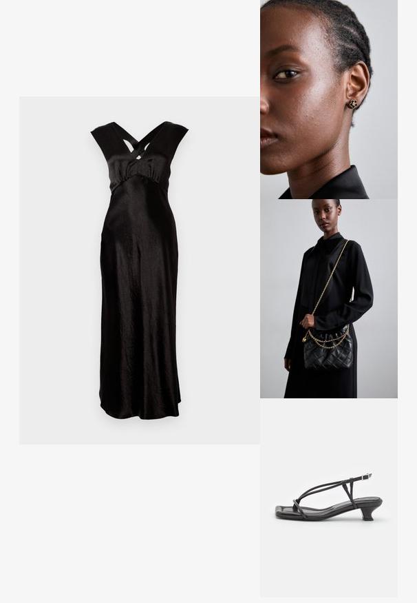 Vestido de cetim preto com um design até ao chão, apresentando um decote em V cruzado e alças largas. Textura suave e detalhes mínimos.; Sandal de couro preto com tiras finas, salto bloco baixo e biqueira quadrada. Apresenta um fecho de fivela e textura suave.; Bolsa de mão preta de couro acolchoado com uma parte superior franzida, alça de corrente dourada e forma retangular, sustentada contra um fundo liso.; Os brincos de flor em ouro apresentam um centro texturizado em preto e detalhes delicados. A pele clara da modelo e o seu cabelo trançado são visíveis de lado.