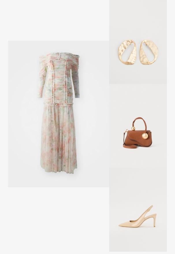 Kleita ar atklātām plecu daļām, ar ziedu rakstu un volānu detaļām, izgatavota no viegla auduma maigās rozā un zaļās krāsās, ar plīsušu svārku.; Nude lakota ādas paps papēdis ar norādītu purngalu, atvērtu augšdaļu un plānu stiletto papēdi. Iezīmē apļa zelta akcentu siksnā.; Burgundijas ādas rokassoma ar viļņotu dizainu, kurai ir divi apaļi zelta akcenti un noņemams plecu siksna, nodrošinot daudzveidīgu nēsāšanu.; Pāris neregulāras ovālas formas zelta toņos metāla auskaru ar teksturētu, nedaudz sitētu virsmu uz baltas fona.