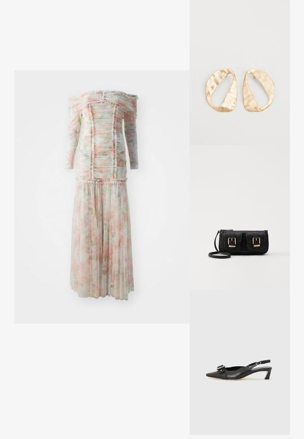 Off-the-shoulder floral dress with ruffled details, made of lightweight fabric in soft pink and green hues, featuring a pleated skirt.; Black leather slingback shoe with pointed toe, small heel, and decorative buckle detail on the upper. Smooth texture, minimalistic design.; Black leather crossbody bag with two front pockets, gold buckles, zipper closure, and a slim strap. Textured surface and compact rectangular shape.; Pair of irregular oval-shaped gold-toned metal earrings with a textured, slightly hammered surface on a white background.