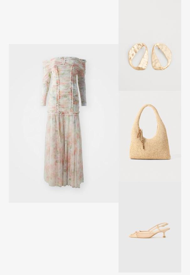 Abito floreale con spalle scoperte e dettagli arricciati, realizzato in tessuto leggero nelle delicate tonalità di rosa e verde, con gonna plissettata.; Stuart Weitzman KITTY - Decolleté - beige/barely beige; Borsa a tracolla beige intrecciata con manico curvo, superficie testurizzata e dettaglio in frangia marrone. Presenta una forma morbida e hobo.; Un paio di orecchini in metallo di tonalità dorata, di forma ovale irregolare, con superficie texturizzata e leggermente martellata, su uno sfondo bianco.