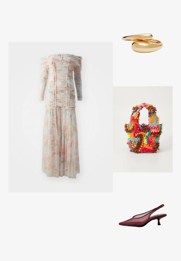 Off-shoulder blomsterkjole med flæse detaljer, lavet af letvægtsstof i bløde pink og grønne nuancer, med en plisseret nederdel.; Burgundy slingback pumps med spids tå og mesh-overdel. Har en slank hæl og udskæringsdesign, der giver en elegant silhuet.; Perlebroderet taske med livlige farver: pink, orange, blå og brun. Struktureret overflade med runde perler og organiske former, solide håndtag.; Guldtonede ringe med glatte, afrundede former, der væver sig ind i hinanden. Højpoleret finish med en reflekterende overflade, der fremhæver et sammenhængende design.