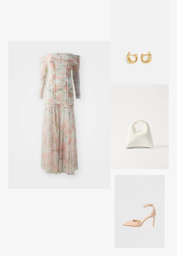 Olkapäillä oleva kukallinen mekko, jossa on rypytettyjä yksityiskohtia, valmistettu kevyestä kankaasta pehmeissä vaaleanpunaisissa ja vihreissä sävyissä, ja jossa on laskostettu hame.; Nude lakattu kärkitossu, jossa on nilkkahihna ja tendo, ominaisuutena sileä pinta ja minimalistinen muotoilu.; Valkoinen käsilaukku, jossa on teksturoitu, kaareva muotoilu. Varustettu erottuvalla kahvalla ja pyöristetyllä pohjalla, hienostuneella pinnalla ja vähäisellä varustuksella.; Kulta renkaat korvakorut, joissa on sileä, pyöreä muoto ja kiiltävä pinta. Korvakoruilla on kompakti, tukeva muoto ja saumaton lukko.