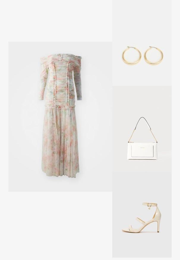 Rochie florală cu umerii descoperiți, cu detalii volanate, dintr-un material ușor în nuanțe moi de roz și verde, având fusta plisată.; Sandale cu toc înalt bej, cu curea subțire la gleznă și două curele superioare. Finisaj lucios din patent și detalii din metal auriu pe cureaua de la gleznă.; Geantă de mână din piele albă cu un finisaj texturat, având o curea din lanț aurie și accente negre. Include un buzunar frontal și închidere cu fermoar.; Cercei tip cerc din metal auriu, cu un design neted și rotund, având un închizător din fir subțire și un finisaj lustruit pentru un aspect strălucitor.