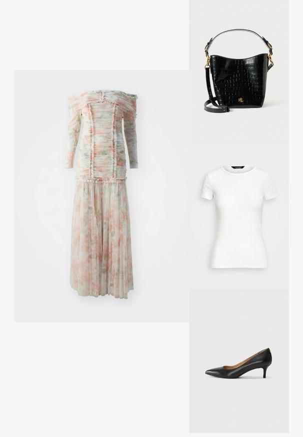 Robe florale décolletée avec des détails à volants, fabriquée en tissu léger dans des teintes de rose doux et de vert, présentant une jupe plissée.; T-shirt en coton blanc avec des manches courtes, col rond, design ajusté et texture lisse. Étiquette de logo au niveau du col.; Pompe noire en cuir avec un embout pointu, un petit talon et une texture lisse. Présente une légère ouverture à l'avant et un matériel minimal à l'arrière.; Sac en cuir noir à motif crocodile, de forme courbée, avec des accents en métal doré, une bandoulière ajustable et un détail de logo à l'avant.