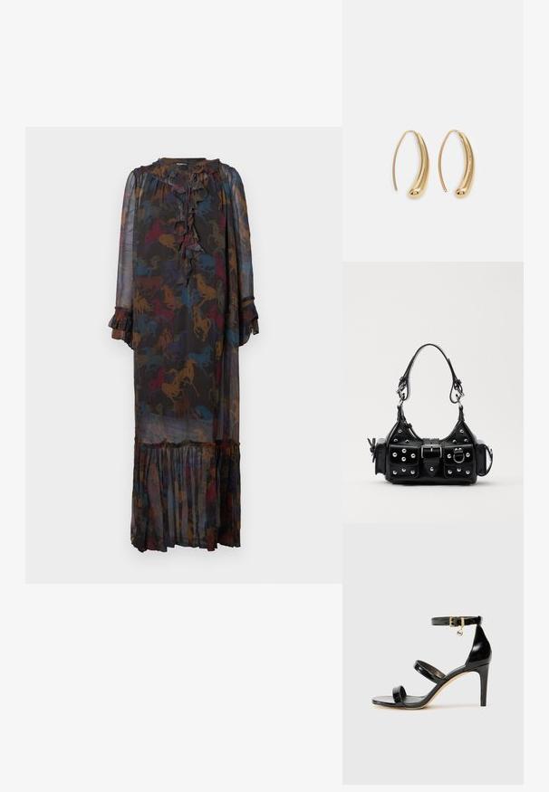 Ilgas skaidrus juodas suknelė su daugiaspalviu arklių raštu, raukšlėtu kaklo ir rankovių kraštu, ir pakopiniu apvadu.; Juodas patentuotas odinis sandalai su trimis diržais, kulkšnies sagtimi ir 4 colių stiletto kulnu. Yra aukso detalės ir logotipo žavesys.; Juodas odinis rankinukas su kreiviu dizainu, su sidabro spalvos knopkėmis, užsegimu ir dviem šoninėmis kišenėmis. Reguliuojama dirželis nešimui.; Auksinės metalinės auskarų kabės su lenktą, pailgą forma. Turi lygų, blizgantį paviršių ir užapvalintą galiuką papildomam akcentui.