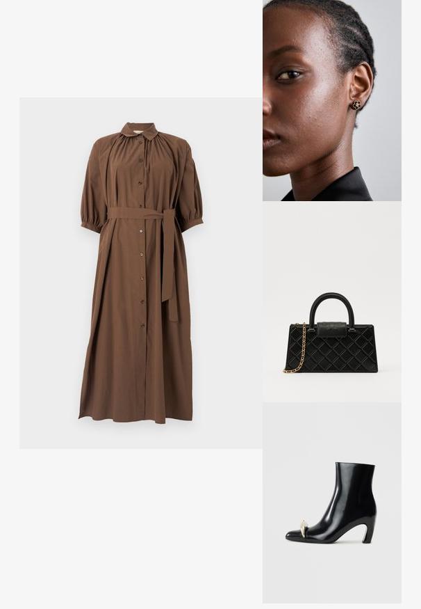 Pruun kraehooa kleit nööpide ees, lühikestest puffvarrukatest, vööga ja voolava A-liini silueti cloht.; Must musta, läikiva nahast, terava varbaga ja dekoratiivse kullast ja hõbedast aktsendiga esiosas. Blokeeritud kontsa disain.; Musthave mustrip, mis tekstureeritud nahast, millel on tehe kumerusmuster, kuldse tooniga ahelrihm ja ülemine käepide, millel on logo reljeefne klapp.; Kuldne lillemotiiviga stud-kõrvarõngas, millel on tekstureeritud must keskus ja delikaatne detailide töö. Mudeli puhas nahk ja sasis juuksed on näha külgmises vaates.