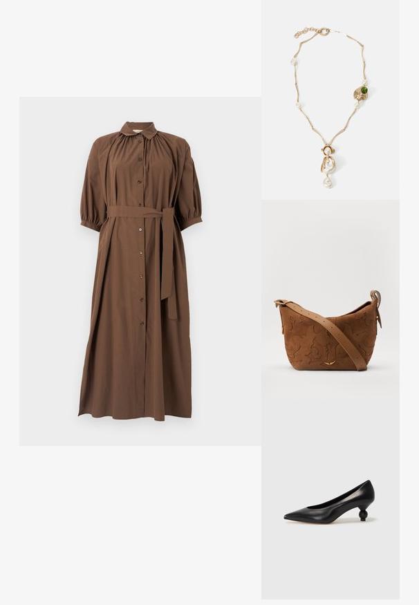 Braunes Kleid mit Kragen, Knopfleiste vorne, kurzen Puffärmeln, Taillengürtel und fließender A-Linie.; Schwarze Leder-Pumps mit spitzem Zehenbereich und runder, ballförmiger Ferse. Glatte Textur mit einem eleganten, minimalistischen Design.; Braune Wildleder-Schultertasche mit geprägtem floralen Design, ergänzt durch einen glatten braunen Ledertrageriemen und goldfarbenen Hardware-Akzenten.; Halskette in Goldton mit verdrehten Gliedern, weißen Perlen und einem grünen Steinelement. Verfügt über filigrane Details und einen Verschluss zum Schließen.
