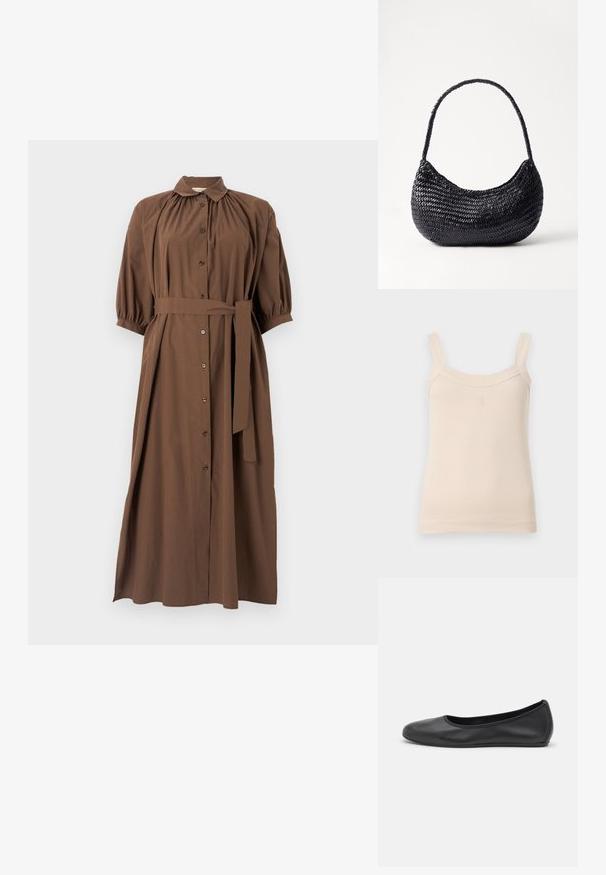 Abito marrone con colletto, chiusura a bottoni sul davanti, maniche a palloncino corte, cintura in vita e silhouette svasata fluida.; Top a canotta beige a coste con spalline sottili e scollatura rotonda. Presenta un logo ricamato sul davanti. Texture liscia, design aderente.; Pantofole da balletto nere in pelle con punta arrotondata, texture liscia, dettagli di cucitura minimi e design con suola flessibile.; DRAGON DIFFUSION NOVA LUNA - Borsa a mano - black