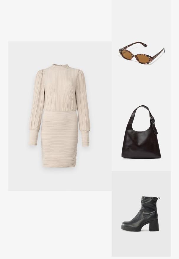 Vestido bege com canelado, decote alto, mangas longas e bufantes, e uma silhueta ajustada, apresentando uma textura subtil por todo o tecido.; Botas de tornozelo pretas feitas de couro liso, com fecho lateral, salto grosso texturizado e design de bico arredondado.; Óculos de sol em tartaruga com lentes ovais, com tonalidade castanha, hastes finas com padrão texturizado, estrutura leve em plástico.; Bolsa de ombro em pele castanha com uma textura suave, forma arredondada, alça larga e um detalhe metálico circular na pega.