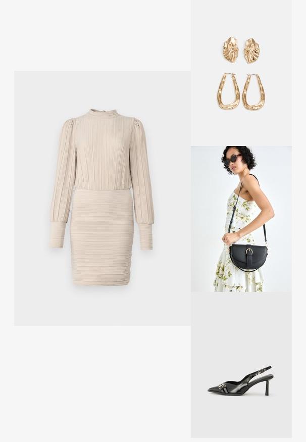 Vestido bege com canelado, decote alto, mangas longas e bufantes, e uma silhueta ajustada, apresentando uma textura subtil por todo o tecido.; Sapato slingback preto em pele patentada com bico apontado, tiras no tornozelo apresentando fivelas e acessórios prateados, e um salto elegante.; Bolsa de couro preta com forma curva, alça destacável e detalhes em dourado. A bolsa possui uma aba com detalhe de fivela.; Brincos em tom de ouro com formas onduladas e texturizadas. Inclui studs escultóricos com presilha e um design de argola aberta com um acabamento martelado.