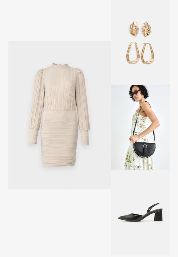 Gaišbeiges ribots kleita ar augstu apkakli, garām pūkainām piedurknēm un pieguļošu siluetu, kurā ir izsmalcināta tekstūra visā audumā.; Melnas, norādītas, siksnas apavi ar atvērtu papēdi, izgatavoti no gludas ādas, ar zemu kvadrātveida papēdi un tievām siksniņām aizmugurē drošai piegulšanai.; Melnas ādas rokassoma ar izliekta formu, noņemamu siksnu un zelta aksesuāriem. Somai ir vāciņš ar sprādzes detaļu.; Zelta krāsas auskari ar teksturētām, viļņotām formām. Iekļauts skulpturāls piespraužams modelis un atvērta gredzenveida konstrukcija ar izsistām virsmām.