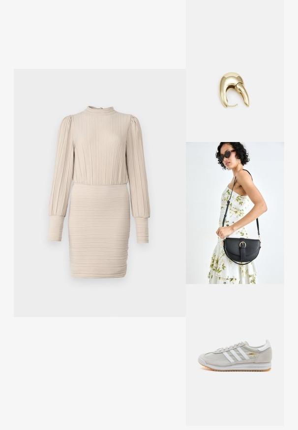 Bež ribaga kleit kõrge kaelusega, pikkade puhvvarrukatega ja keha ligi, millel on kogu üle pinna peen tekstuur.; Heled hallid tossud, mis on valmistatud nubukist ja võrgust, millel on kolm valget triipu, ümmargune varvas ja kummist tald. Kuldne logoelement paelte lähedal.; Mustmust mustraha kõverate joontega, eemaldatava rihmaga ja kuldsete detailidega. Kotil on klapp, millel on pandladetail.; Kuldtooni metallist kõrvarõngas, millel on elegantne ja kaarjas disain. Omab silmapaistvat teravat kuju, poleeritud pinda ja hingesulgemist.