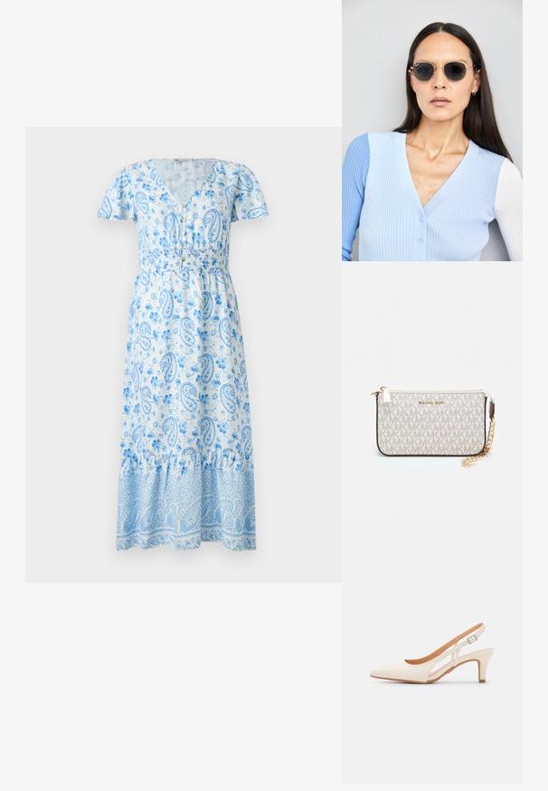 Modré maxi šaty s paisley vzorom, krátkymi puffovými rukávmi, výstrihom do V, elastickým pásom a volánovým lemom. Materiál zdobí kvetinový vzor.; Biele slingback topánky na podpätku s ostrou špičkou, hladkým vrchným materiálom, nízkym blokovým podpätkom a bočným výrezom s nastaviteľným remienkom na pracku.; Okrúhle slnečné okuliare s tmavými šošovkami a zlatým rámom. Modelka má na sebe svetlomodrý pletený kardigán s gombíkmi a bielymi rukávmi v kontraste.; Michael Kors zápästná taška v béžovej potiahnutej plátenej tkanine s opakujúcim sa vzorom loga MK, zlatým kovania a odnímateľným reťazovým popruhom.