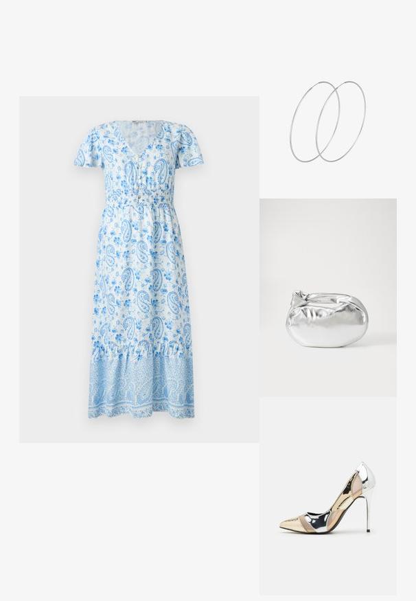 Mėlyna paisley rašto maksi suknelė su trumpomis pūstomis rankovėmis, V formos iškirpte, elastinga juosmens juosta ir raukšlėtais kraštais. Audinys puošia gėlių raštai.; Aštrus pirštas aukštakulnis batelis su sidabro, aukso ir nuogų spalvų deriniu. Blizgus paviršius su išpjovos dizainu, su stiletto kulnu.; Sidabrinė metalinė maišelio forma su švelnia, apvalia forma ir mazgu užveriamu viršumi. Pagaminta iš lygios dirbtinės odos medžiagos.; Sidabrinės pusmėnulio auskarai minimalistiniu dizainu. Apskritimo forma, lygus paviršius ir plonas profilis. Lengvi su poliruotu apdailu.