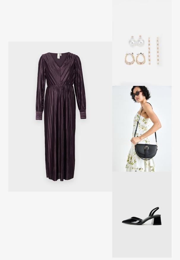 Rochie lungă de culoare prune, cu decolteu în V, mâneci lungi și pliseuri verticale. Textură moale și talie strânsă care evidențiază forma și fluiditatea.; Pantofi cu toc slingback din piele lacuită neagră, cu vârf ascuțit și toc geometric. Prezintă un design elegant, minimalist și o textură netedă.; Geantă din piele neagră, cu o formă curbată, curea detașabilă și accesorii aurii. Geanta are un capac cu un detaliu tip cataramă.; Trei perechi de cercei: cercei cu perle albe mari, cercei tip cerc din aur cu pietre clare și două cercei lungi, drepți, din aur cu detalii strălucitoare.