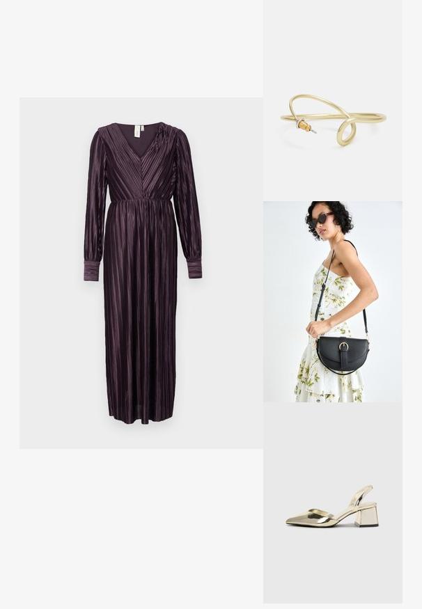 Pikk, ploomivärvi kleit V-kaelusega, pikkade varrukatega ja vertikaalsete voldikutega. Pehme tekstuur ja kogutud vöökoht rõhutavad vormi ja voolavust.; Kuldne, metallilised slingback-kudumid terava varba ja paksu kontsaga. Sile tekstuur, minimalistlik disain ja kitsas rihm.; Mustmust mustraha kõverate joontega, eemaldatava rihmaga ja kuldsete detailidega. Kotil on klapp, millel on pandladetail.; Kuldne metallist käevõru, millel on voolav ja kõver disain. Ühel otsal on väike, silmapaistev hõbedane aktsent.