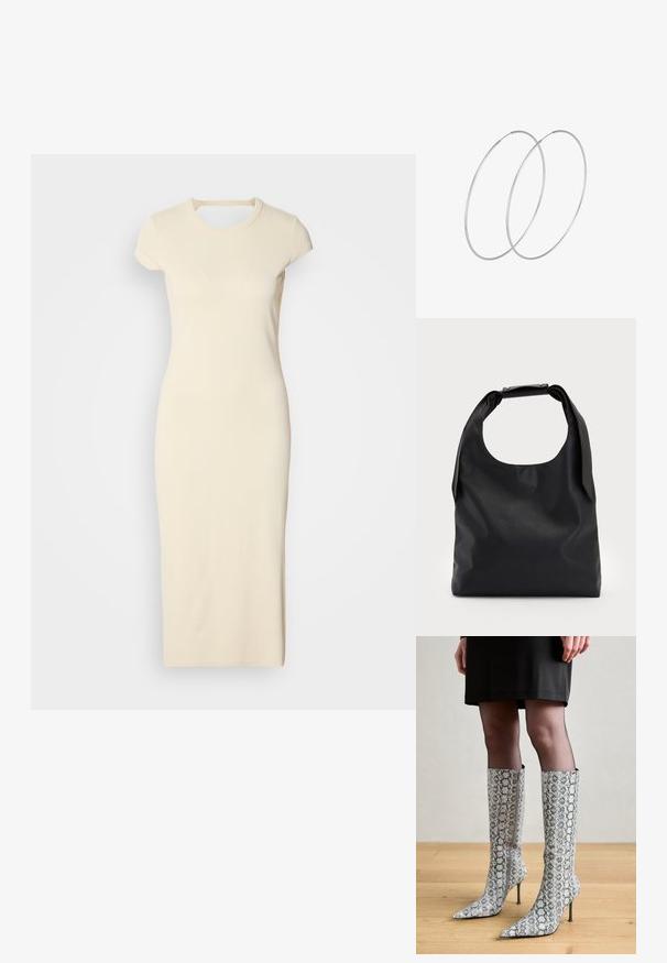 Kreminės spalvos raukšlėta midi suknelė su trumpomis rankovėmis, apvaliu iškirpimu ir aptempta siluetu. Lygus paviršius su minimaliais dekoratyviniais elementais.; Rodo estilo, iki aukščio batai su smailiu priekiu, gyvatės rašto, su tekstūruoto pilkos ir baltos spalvų raštu, stiletto kulnais ir šoniniu užtrauktuku.; Juoda odinė hobo tipo rankinė su viena minkšta, apvalia rankena; pasižymi lygiu paviršiumi ir minimalizmu. Nėra matomų detalių ar akcentų.; Sidabrinės pusmėnulio auskarai minimalistiniu dizainu. Apskritimo forma, lygus paviršius ir plonas profilis. Lengvi su poliruotu apdailu.