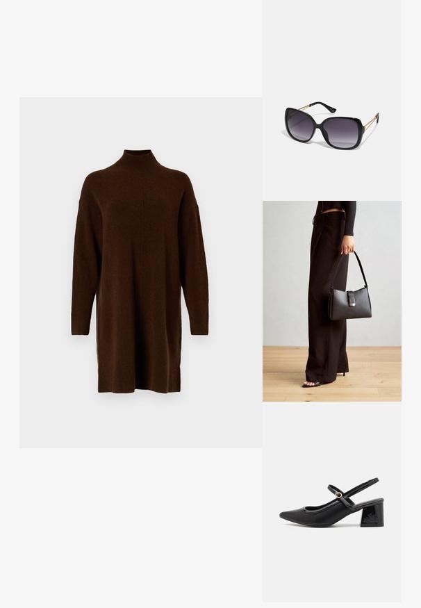 Brun polokragsklänning med långa ärmar, ribbade manschetter och avslappnad passform. Mjuk textur och knälång design.; Svarta lackläder slingback-klackar med spetsig tå, en rundad utskärning och en blockklack. Utsmyckad med en spänne i guldton.; Svarta överdimensionerade solglasögon med gradientlinser, tjocka bågar och kedjedetaljer i guldton vid tempelarmarna.; Svart handväska med strukturerad form, slät yta och metallspänne. Matchad med vida svarta byxor och sandaler med öppen tå på trägolv.