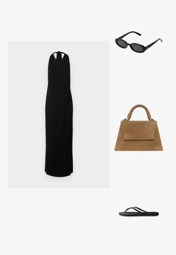 Schwarzes ärmelloses Maxikleid mit Halterneck, aus glattem Stoff gefertigt, verfügt über einen V-Ausschnitt und eine gerade, bodenlange Silhouette.; Schwarze Flip-Flops mit einer strukturierten Gummisohle, zwei schlanken Riemen und einem dezenten, geprägten Logo-Detail auf dem Riemen.; Schwarze, oversized Sonnenbrillen mit ovalen Gläsern, glattem Kunststoffrahmen und goldenen Akzenten an den Bügeln. Die dunklen Gläser bieten Sonnenschutz.; Brauner Wildleder-Handtasche mit einer strukturierten Dreiecksform, einem oberen Griff und einem Klappverschluss. Verfügt über ein dezentes Logodetail an der Seite.