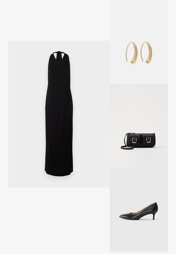 Black sleeveless maxi dress with a halter neck, made of smooth fabric, features a V-neckline and a straight, floor-length silhouette.; Black leather pump with a pointed toe, low heel, and a smooth texture. Features a slight opening at the front and minimal hardware at the back.; Black leather crossbody bag with two front pockets, gold buckles, zipper closure, and a slim strap. Textured surface and compact rectangular shape.; Gold-tone metal hoop earrings with a curved, elongated shape. Features a smooth, shiny surface and a rounded tip for added detail.