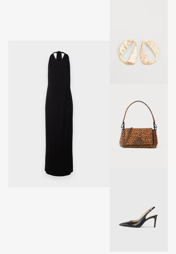 Melna bez piedurknēm maksi kleita ar halter kaklu, kas izgatavota no gludas auduma, ar V-veida kakla izgriezumu un taisnu, grīdu skarošu siluetu.; Melnas ādas sandales ar augstiem papēžiem un norādītu degunu, regulējama josta un elegants stiletto papēdis, kas izceļas ar gludu apdari.; Leoparda raksta roka somiņa, izgatavota no zamšādas, ar īsu rokturi, ķēdes siksnu un melnu metāla aizdari. Taisnstūra forma ar pārklājuma aizdari.; Pāris neregulāras ovālas formas zelta toņos metāla auskaru ar teksturētu, nedaudz sitētu virsmu uz baltas fona.