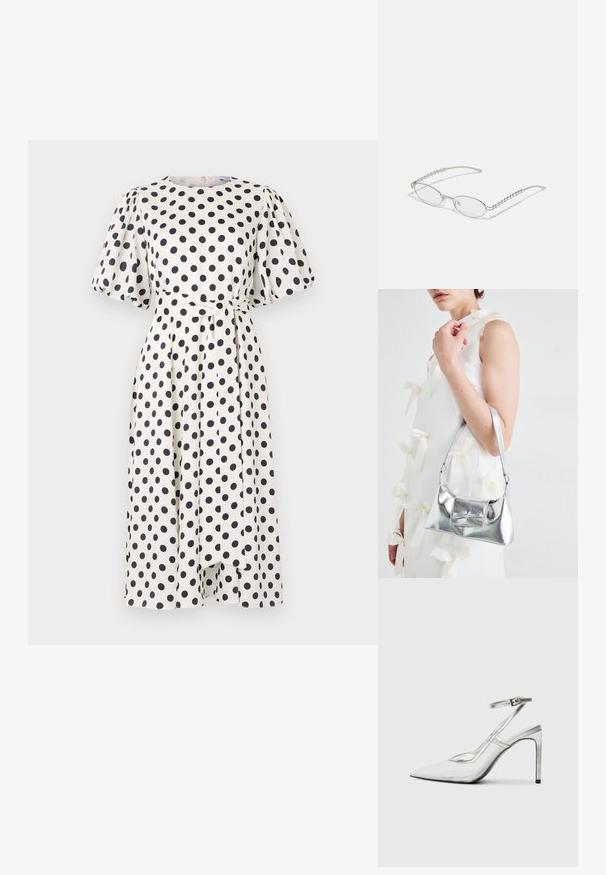 Bela obleka s črnimi pikami, kratkimi napihnjenimi rokavi, okroglo ovratnikom in usklajenim pasom. Tkanina se zdi gladka in lahka.; Prozoren špikasti petni čevelj s koničastim nosom, iz prozornega materiala, s kovinskimi srebrnimi dodatki in nastavljivim trakom za gleženj.; Ovalna očala s kovinsko srebrnim okvirjem, prozornimi lečami in teksturiranimi perlastimi detajli na stenah. Lahka zasnova z ukrivljenimi ročaji.; Srebrna metalna torbica z oblikovano strukturo, ki ima zgornji ročaj in detajl v obliki mašne spredaj. Gladka tekstura, z odsevnimi površinami.